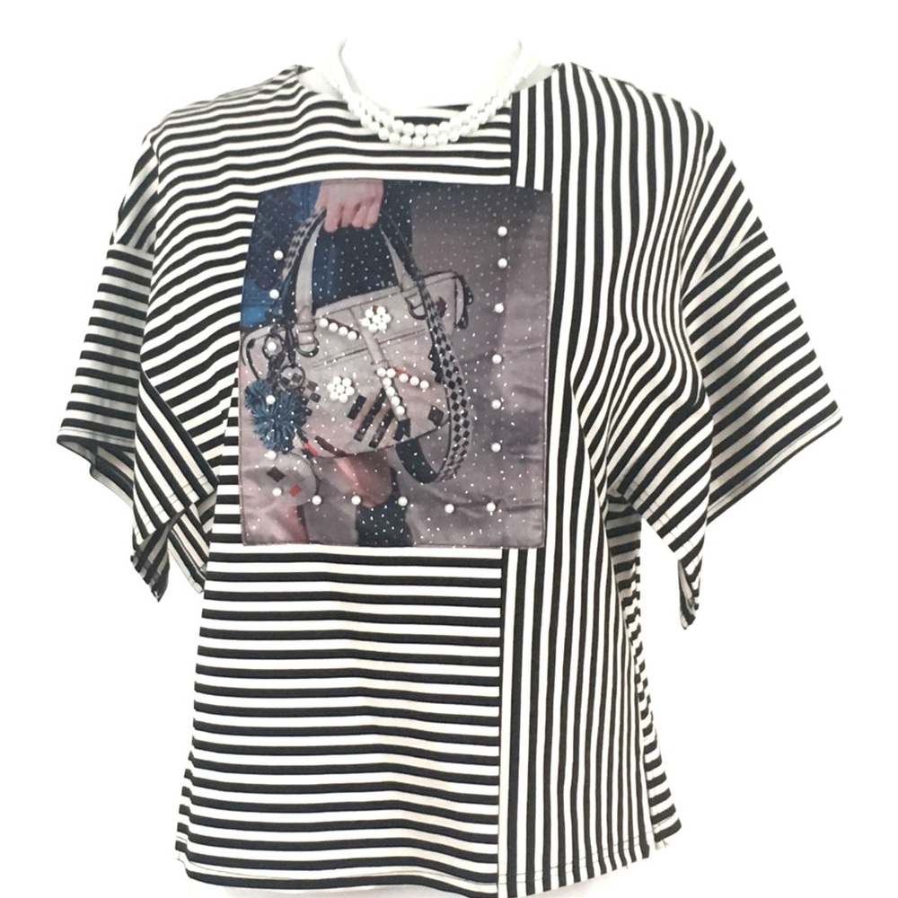 WHY Wearable Art Sequin Art Black White Striped Blouse NWT size Medium